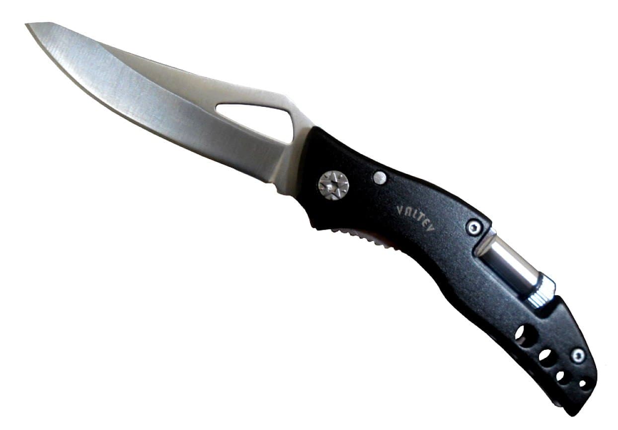 Valtev Small Pocket Knife with LED Flashlight, Black Handle and Quality Stainless Steel Locking Blade, Includes a Sturdy Nylon Pouch