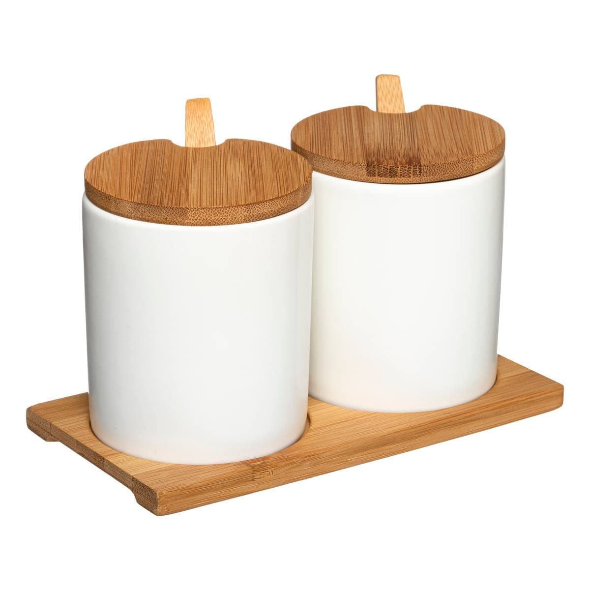 5five - 2 White Ceramic Seramik Jars with Bamboo Lids