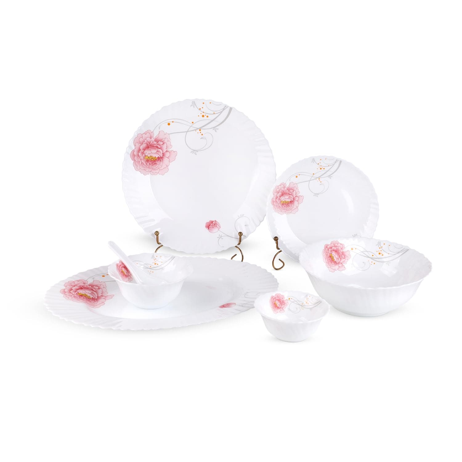 33 Piece Classic Opalware Dinner Set RF12469 Includes Oval Plate, Dinner and Dessert Plates, Serving, Salad Bowls and Soup Spoons Dishwasher-Safe and Microwave Safe