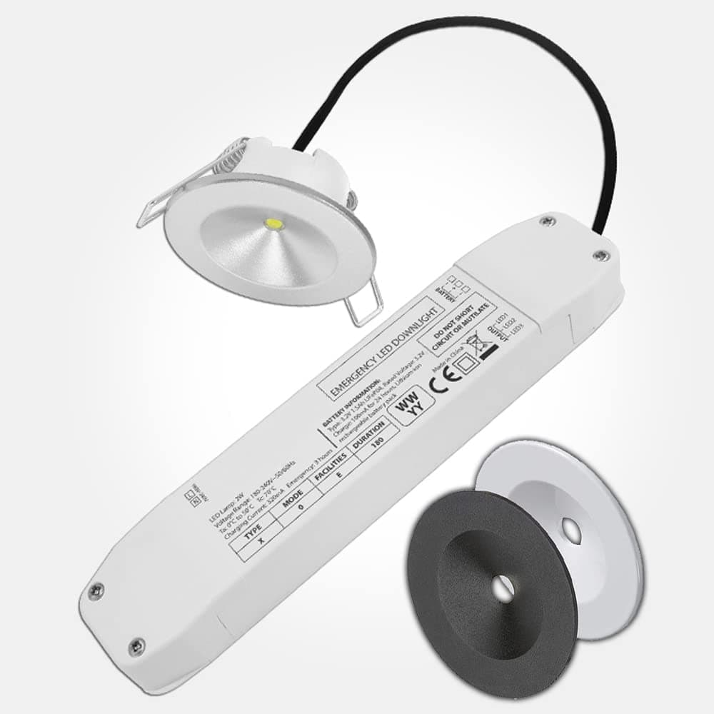 LEDBRITE LED Emergency Downlight Recessed Ceiling Light 2W Non Maintained LiFePO4 3 Hour Battery Pack with 3 X Bezels Included
