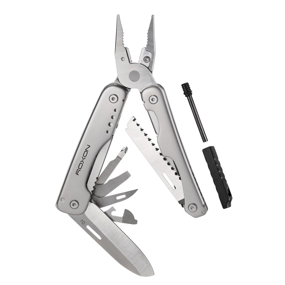 S803E Elite Flash Multitool with 20 functions including strong pliers, Flint Rod, full-size lockable blades for Outdoor Essential Survival Tool (D2 Blade)