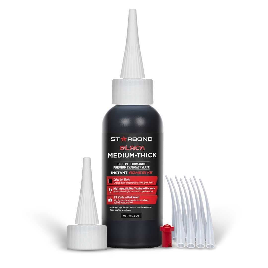 STARBOND Black Medium-Thick CA Glue Pro Kit (2 oz) – Rubber-Toughened, Impact-Resistant Cyanoacrylate Super Glue – for Durable Knot Filling, Crack Repair, Woodworking, Guitar, Hobby & RC Projects