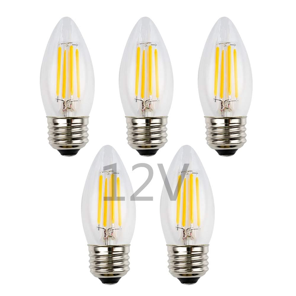 OPALRAY 4W Low Voltage DC/AC 12V LED Bulb, Dimmable with DC Dimmer, E26 Medium Base, Warm White Light, Clear Glass Torpedo Tip, 400Lm 40W Incandescent Equivalent, 12V-24V DC Power Input, 5 Pack
