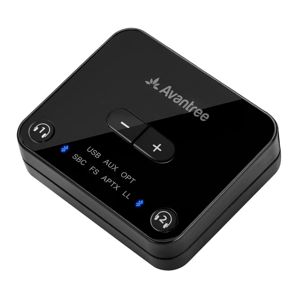 Audikast Plus Bluetooth 5.0 Transmitter for TV PC with Volume Control, aptX Low Latency Wireless Audio Adapter for 2 Headphones (Optical, Aux, RCA, USB) 100ft Long Range (No Receiver Mode)