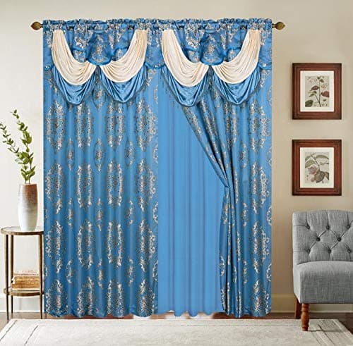 Bedding Haus Window Drape Set with Valance and Sheer Backing (Complete Set 2 Separate Panels) - Premium Jacquard Fabric Damask Pattern - Traditional Curtains for Living Room - (Larisa, 63", Blue)