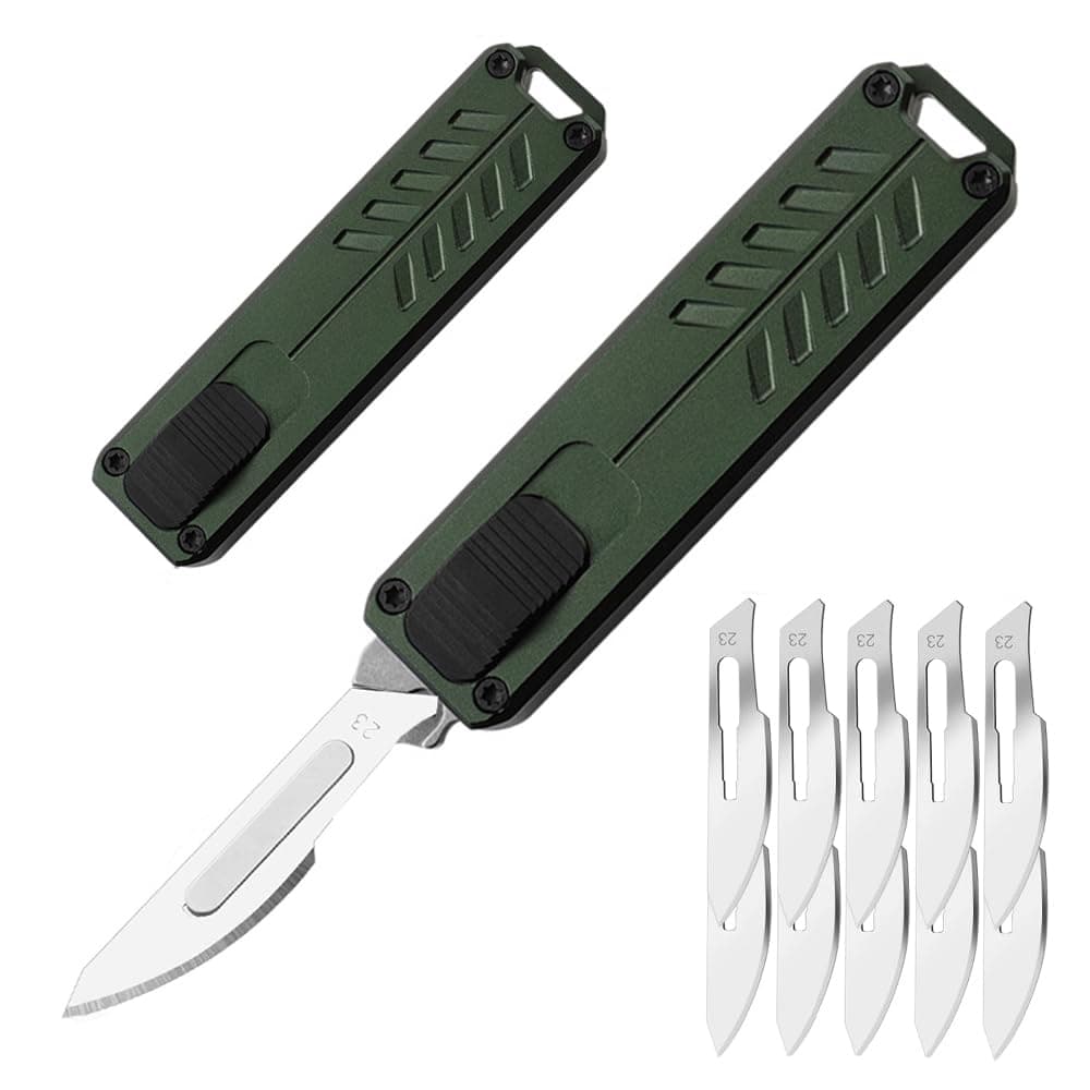 Automatic Utility Knife, Safety Auto Box Cutter Retractable, EDC Push Button Exacto Scalpel Knife, 10PCS #23 Razor Blades Pocket Knives with Clip