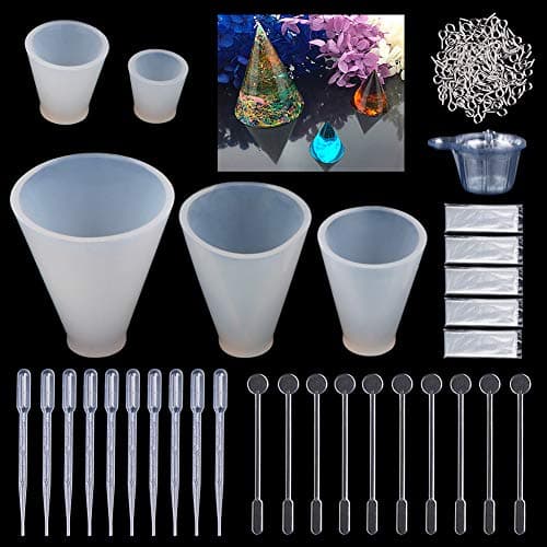 Resin Casting Molds, 145 Pcs Mold Tools Kit Including 5 Silicone Cone Casting Making Molds,Screw Eye Pins, Disposable Plastic Cups,Stirrers,Droppers,Disposable gloves for Polymer Clay (145-Cone)