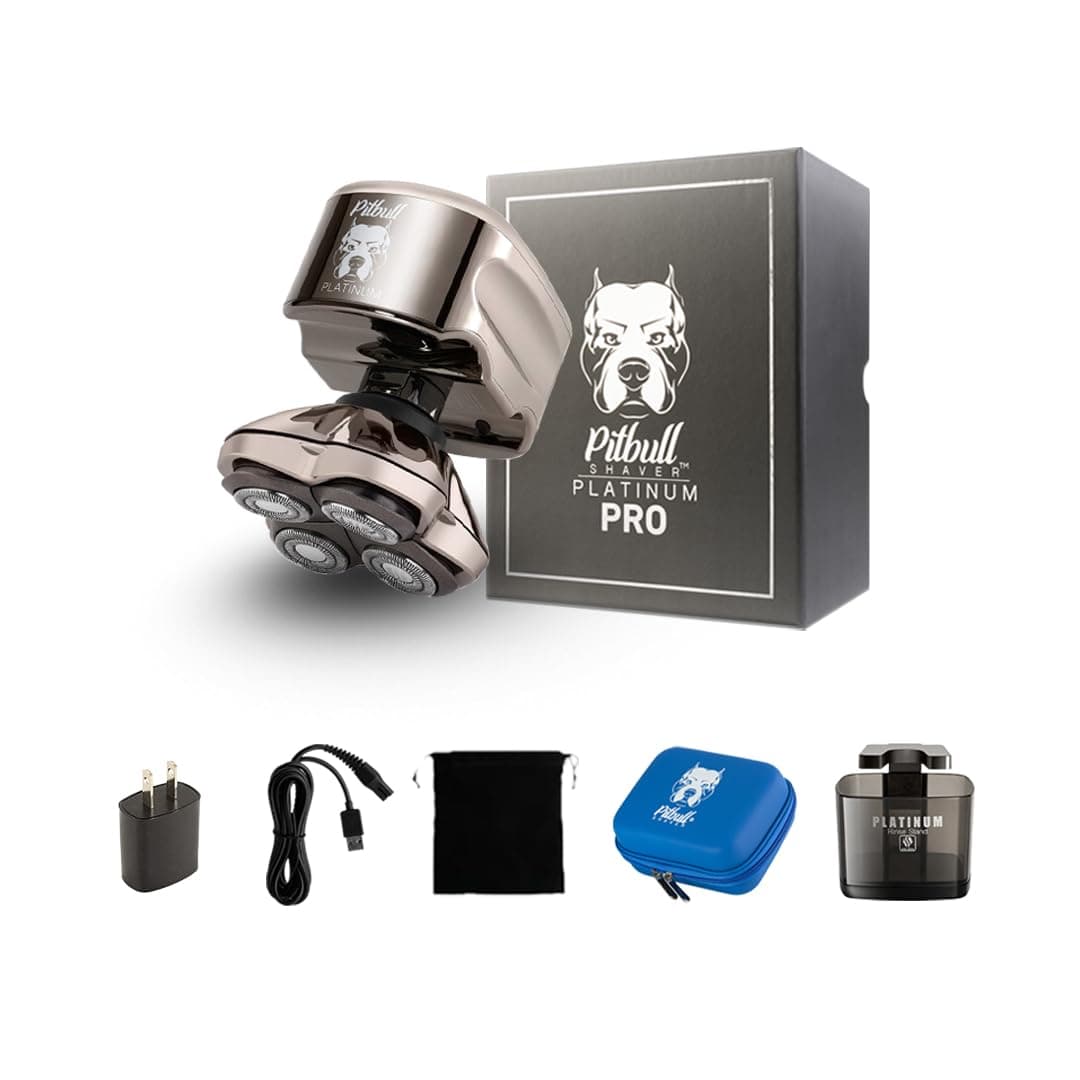 Skull Shaver Pitbull Platinum PRO Head & Face Shaver Kit - Cordless Electric Shaver - Wet & Dry Shaving Capabilities - Comes with Travel Case, USB Charging Cable & Rinse Stand