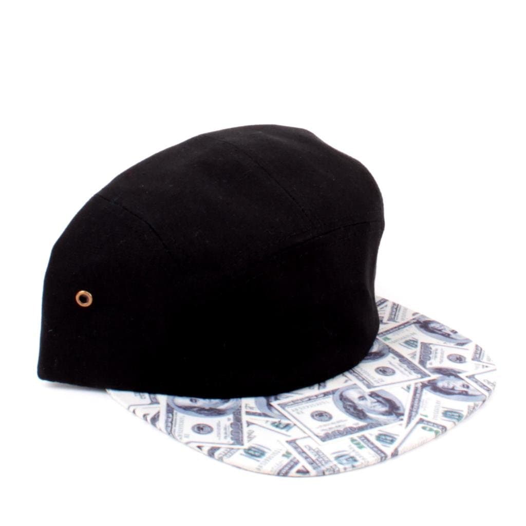 Money 5 Panel Black Benjamin Franklin Print Strapback Camper