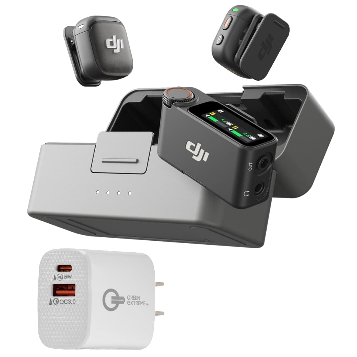 Mic 3 (2 TX + 1 RX + Charging Case), Wireless Microphone for iPhone/Camera/Android, Ultralight, Adaptive Gain Control for Balanced Volume, Dual Band Anti-Interference, Vlog, Wall Charger