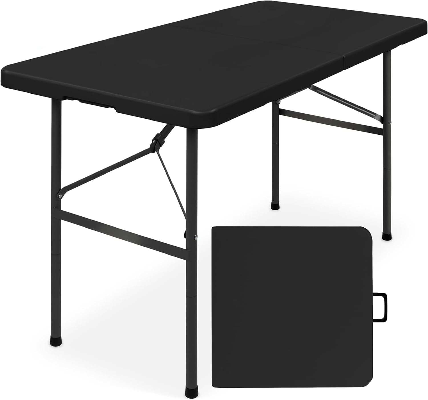 4ft Portable Plastic Folding Table – 17% Thicker Than Others – Indoor & Outdoor Heavy-Duty Foldable Utility Table w/Handle for Party & Camping (Black)
