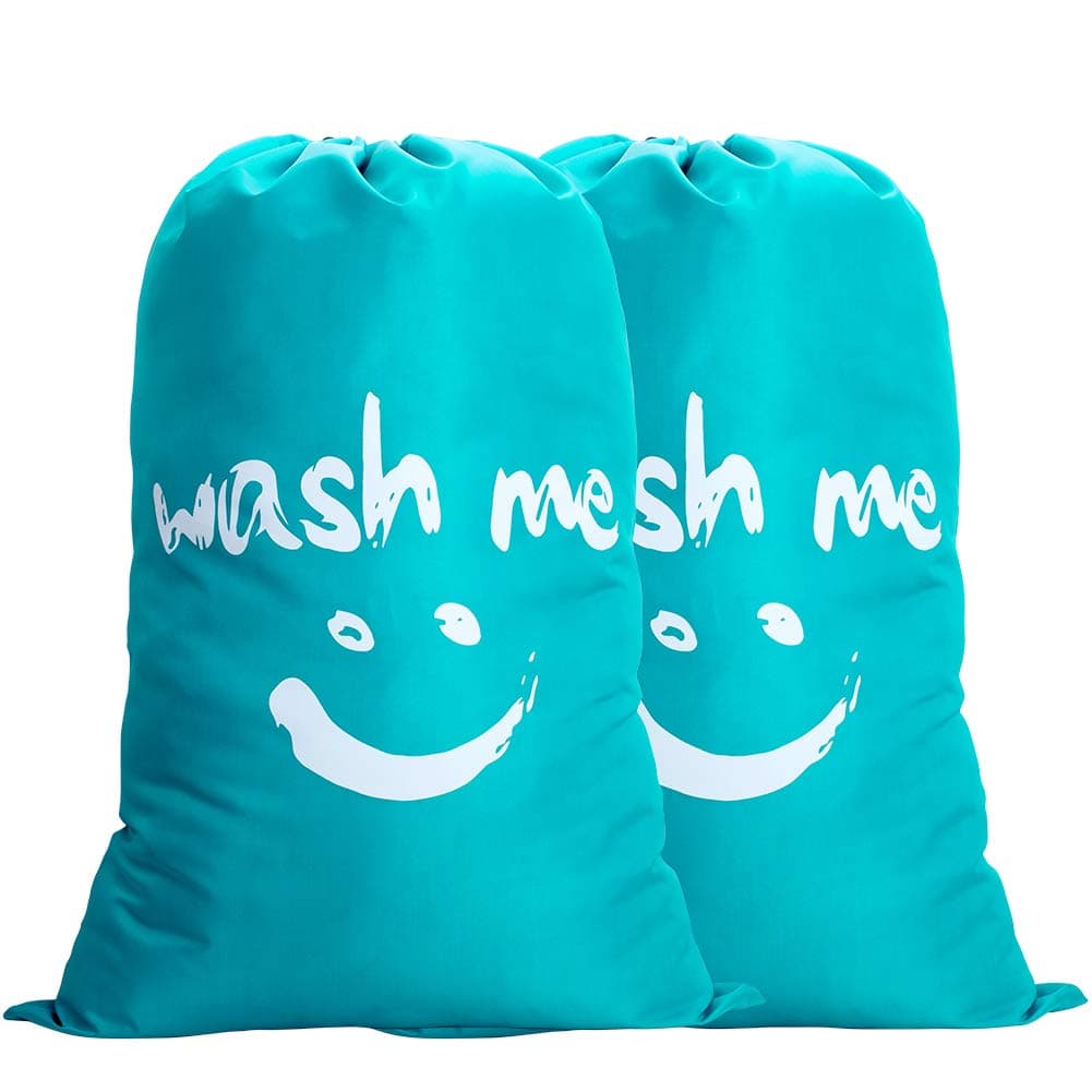 Laundry Bag 2 Pack Extra Large, 100-120L Foldable Storage With Drawstring Cord Lock Closure, Nylon Dirty Clothes for Bedroom Home or Dormitory and Travel, Smile Fabric, Blue