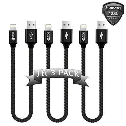 Lightning Cable 3 Pack 1FT Iophi iPhone Charging to USB Nylon Braided 2.4A High Speed Heavy Duty Aluminum Connector Charge Sync Cable for iPhone 7 / 7 Plus / 6 / 6s / 5 5s 5c SE / iPad / iPod - BLACK
