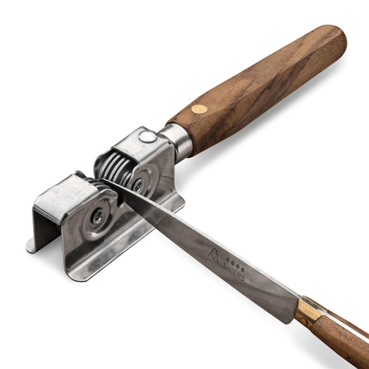 Knife Sharpener - Handheld Manual Sharpening Tool for Fixed Blades, Pocketknives, and Kitchen Knives - Blade Sharpener with Rotating Steel Sharpening Discs and Bubinga Handle by Kings County Tools