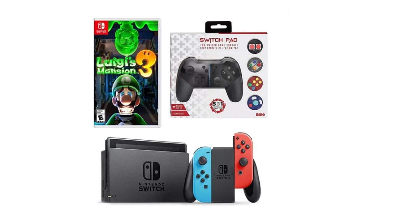 Nintendo Switch Luigi's Mansion 3 Game & Console Bundle - The Console, Neon Blue and Red Joy-Con Controller, Luigi's Masion 3 Game, Emio 5-in-1 Switch Pad