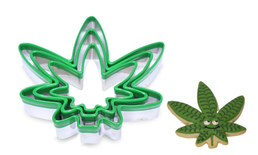 Hello High - 3pc Leaf Cookie Cutter Set, Hello High 420 Baking Supplies, Marijuana Leaf Cutter, Fondant Mold Stencils, Easy Grip