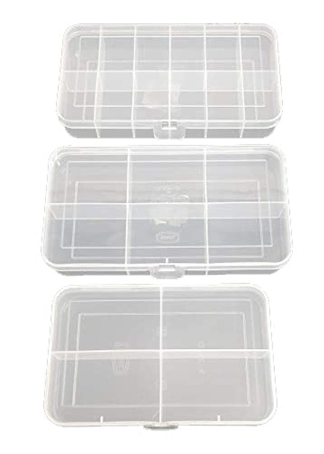 CSM Jewelry Case Organizer Rectangular Plastic Storage Box with dividers 4/6/12 Grids (Transparent) Pack of 3 Boxes