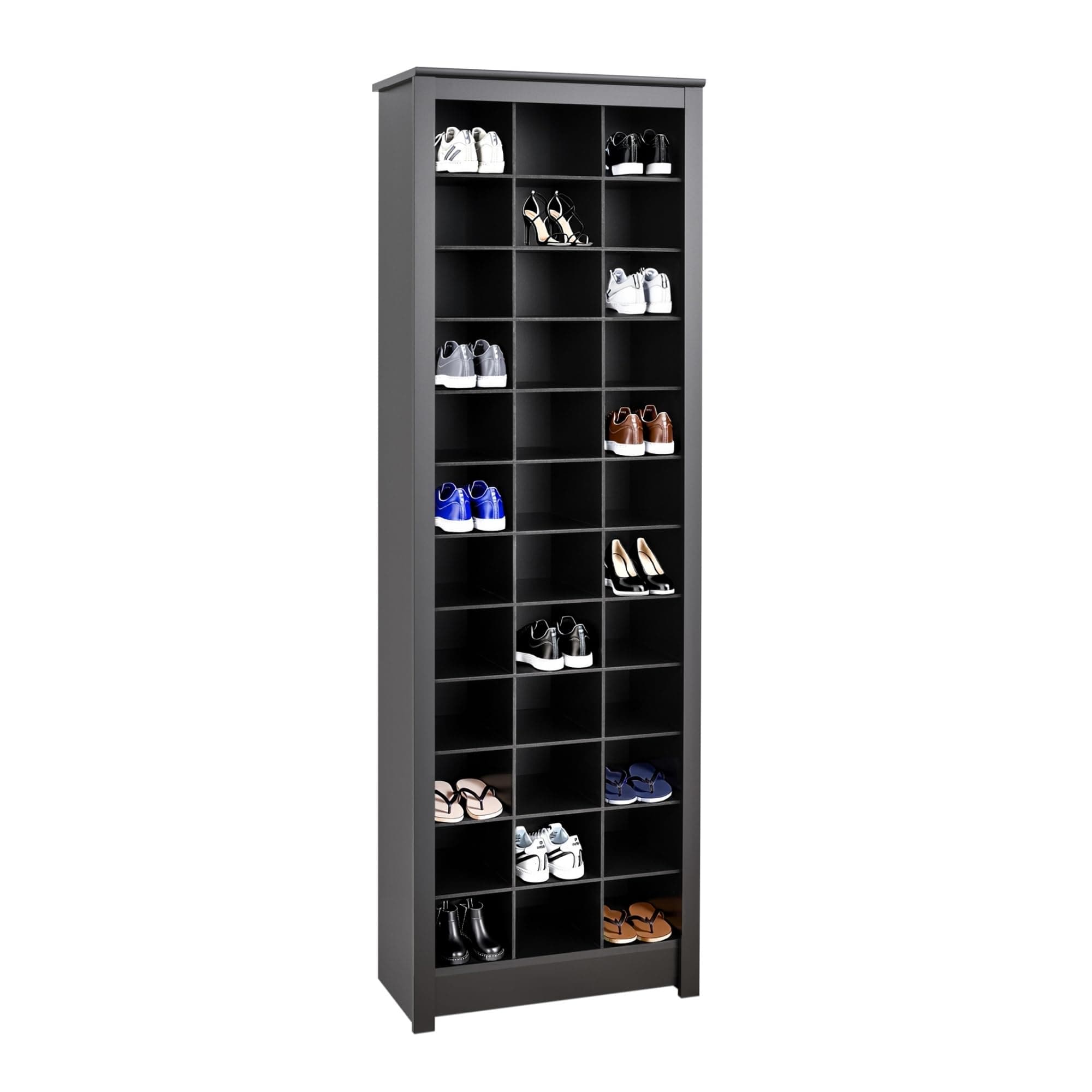 Prepac Space-Saving 36 Pair Shoe Storage Cabinet With Cubbies, 13"D x 23.5"W x 72.5"H, Black