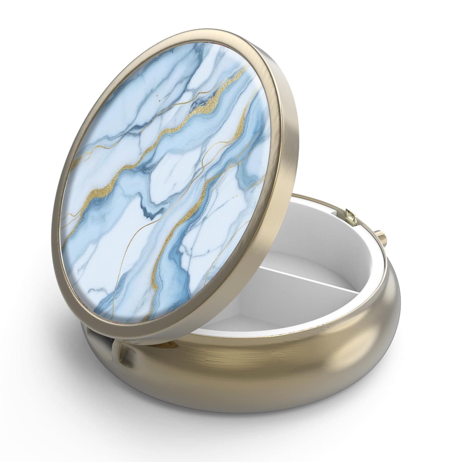 Pill Case Pill Box with Mirror Retro 3 Compartment Small Pill Case for Purse or Pocket Bronze Small Roud Pill Box or Vitamins, Fish Oil, Supplements, Pill Containe Travel Gifts（ White Blue Marble）