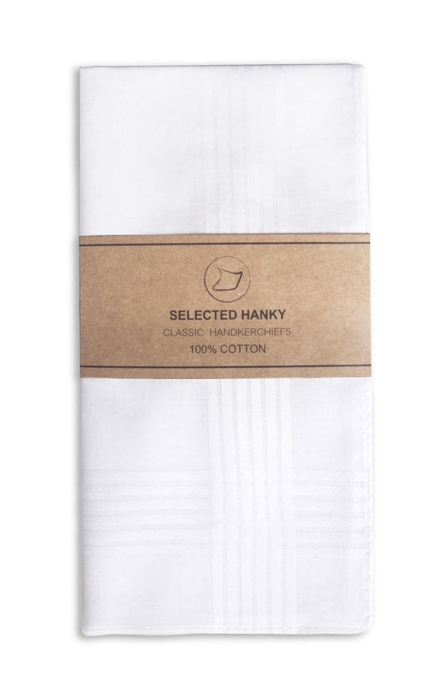 Selected Hanky 100% Cotton Men's Handkerchief White with Stich 12 Pieces