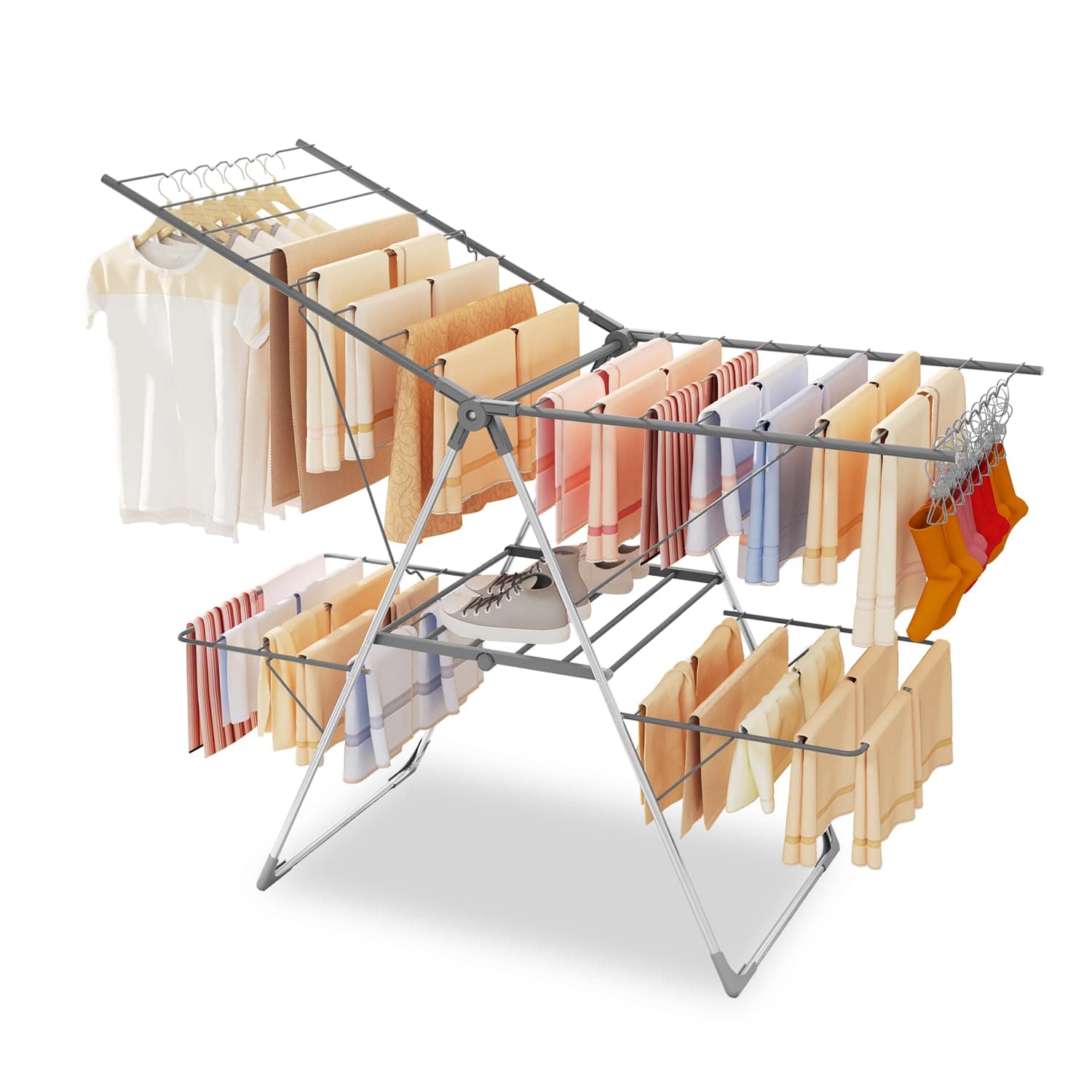 Bigzzia Clothes Drying Rack Foldable, 2-Level Large Laundry Drying Rack Collapsible, Stainless Steel Drying Rack Clothing for Indoor Outdoor, Easy to Fold, 33 Drying Rails, 142cm, Gray