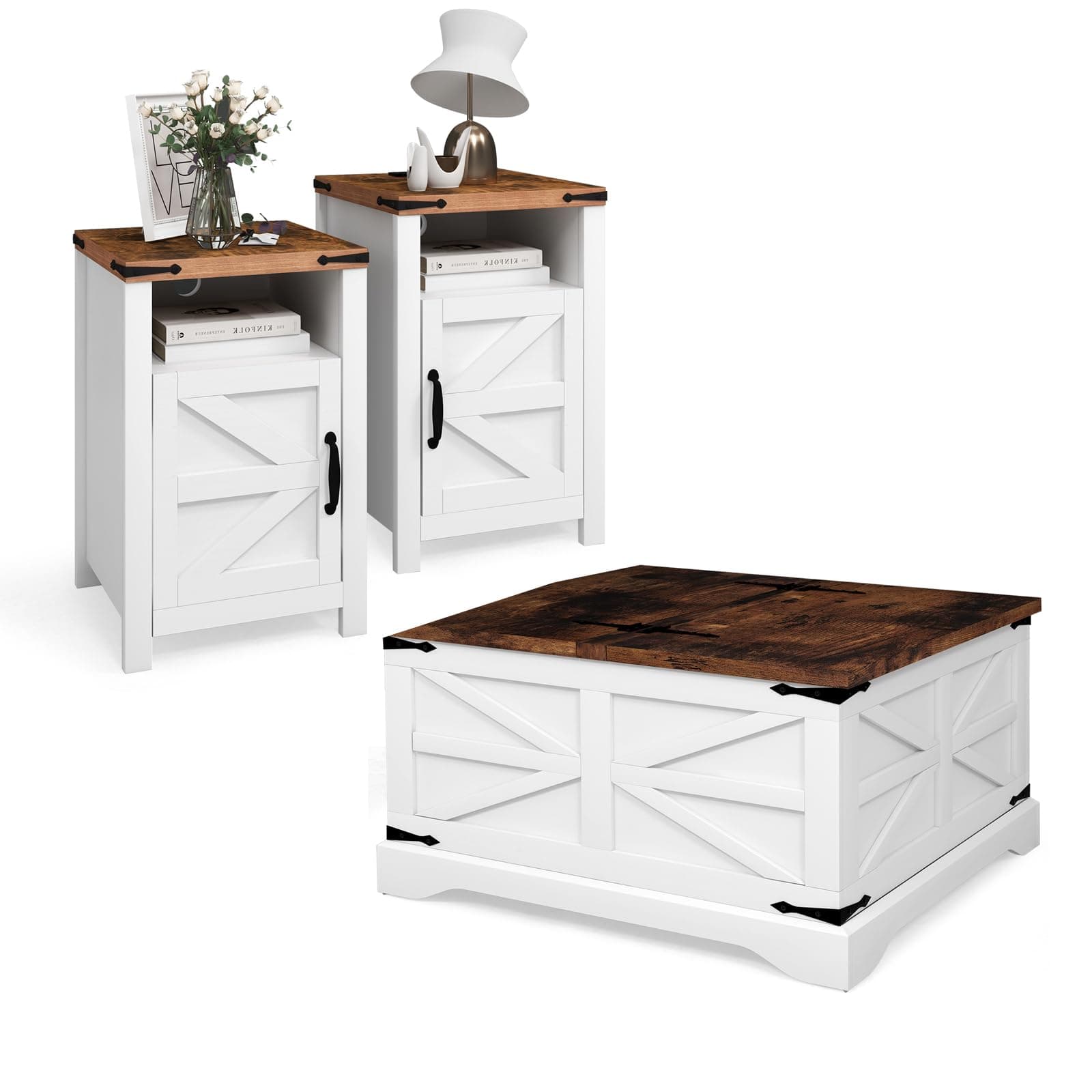 3-Piece Farmhouse Table Set Includes 31” Coffee Table and Side Tables with Storage Space, Retro Tables for Living Room, White