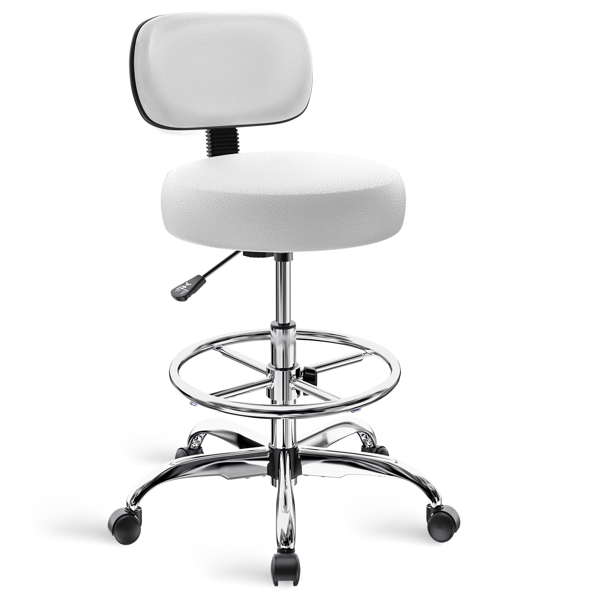 SUPERJARE Drafting Chair with Back, Adjustable Foot Rest Rolling Stool, Multi-Purpose Office Desk Chair, Thick Seat Cushion for Home Bar Kitchen Shop - White