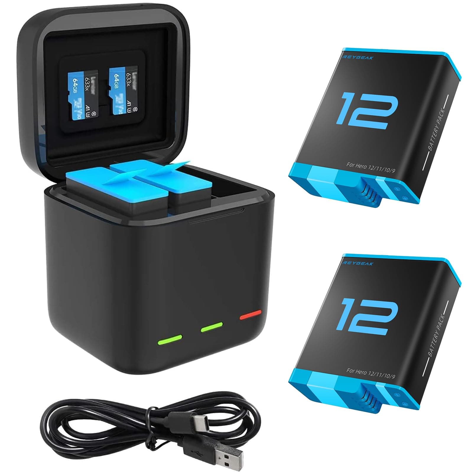 REYGEAK Battery Charger for GoPro Hero 12 Black Hero 11 Hero 10/9, Portable Charger 3-Channel Battery Charging Storage 3 Pack Rechargeable Hero 12/11/10/9 Batteries (Charger + 2 x Batteries)