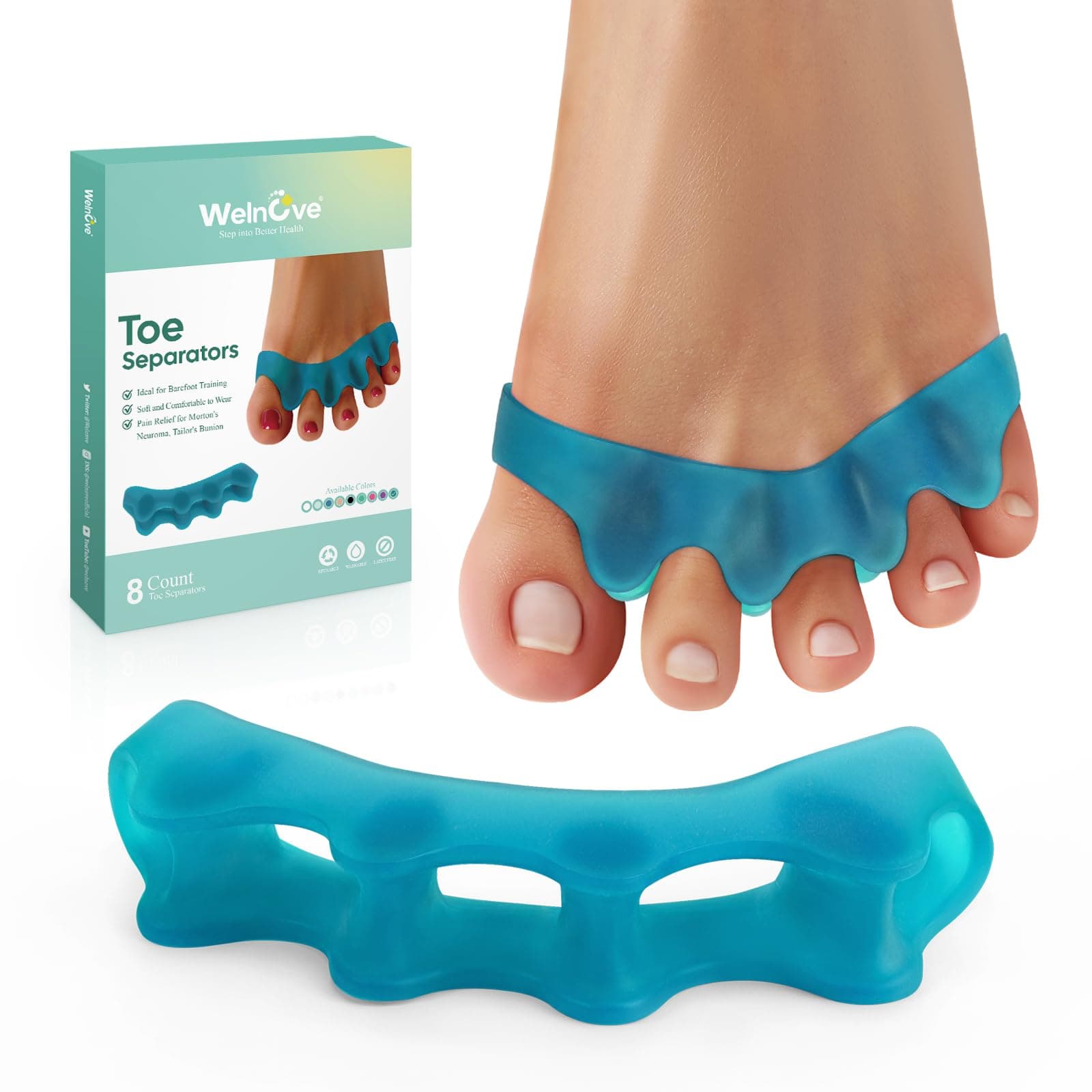 Welnove Silicone Toe Separators for Correct Bunion - 8 Pack Toe Spacers for Feet Men - Hammertoe Straighteners for Women, Yoga Practice, Foot Alignment FSA or HSA Eligible