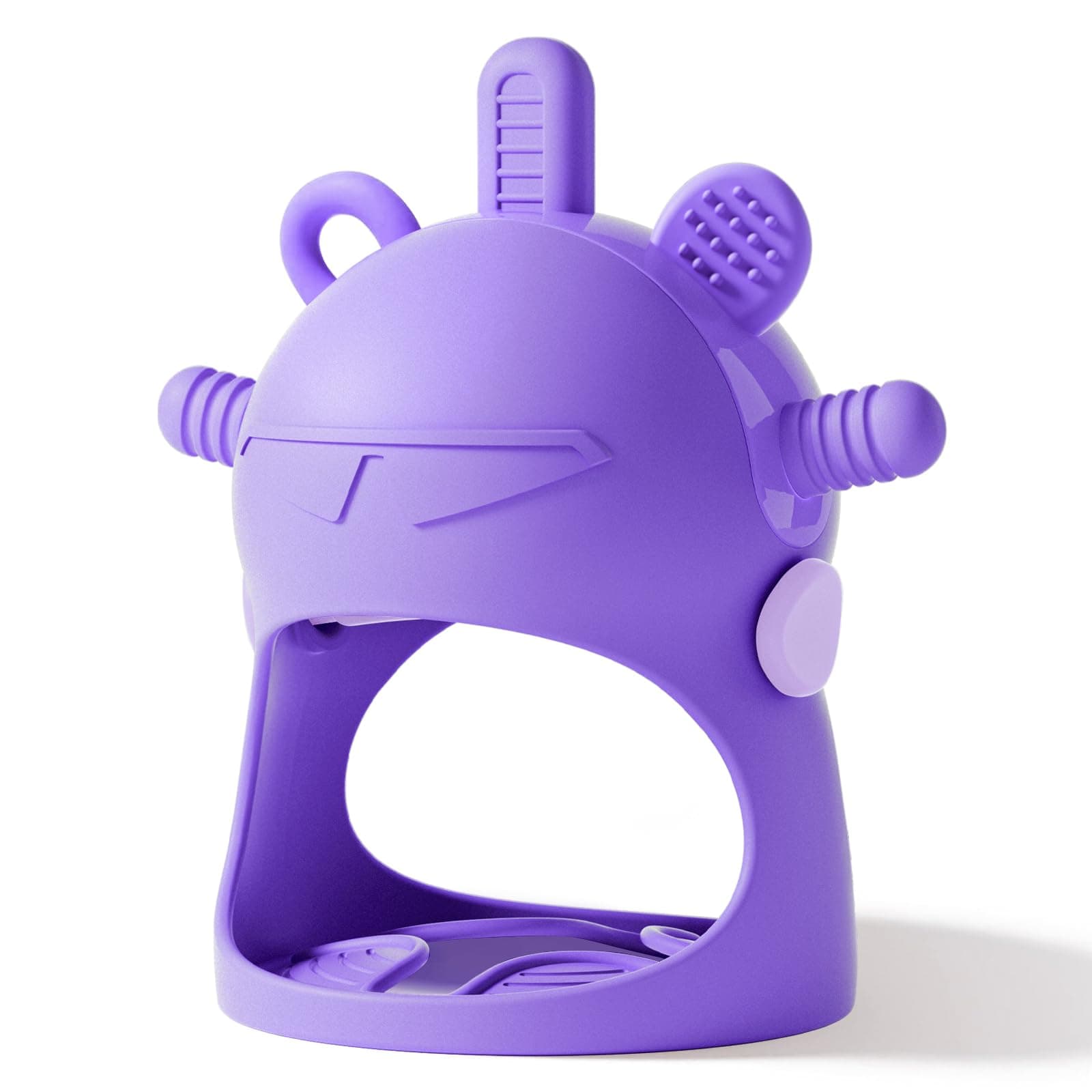 NCVIBaby Easter Silicone Teether Hand Grip for 0-6 Months, Never Drop Baby Sucking Teething Relief Hand Held, Hand Wrist Chewing Teether Toys Mitten for Infants, BPA Free (Purple Robot)