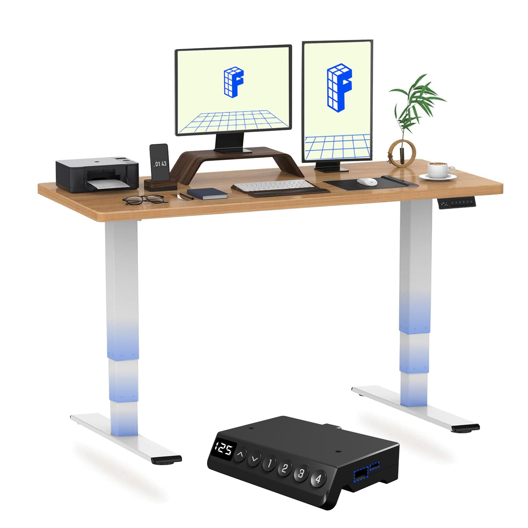 FLEXISPOT E6 MAX ONE PIECE Electric Standing Desk with USB Dual Motors 3 Stage Height Adjustable Sit Stand Up with Memory Smart Panel(White Frame+120x60cm Maple Top)
