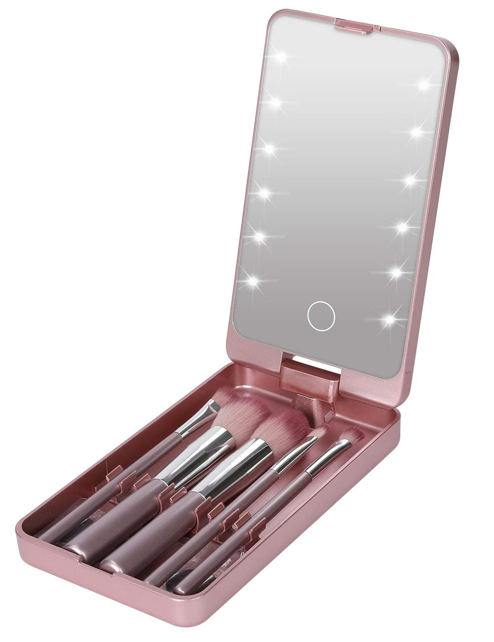 Looife Lighted Compact Mirror with 5 PCS Makeup Brushes, 360 Degree Rotating Clamshell Design, Rose Gold