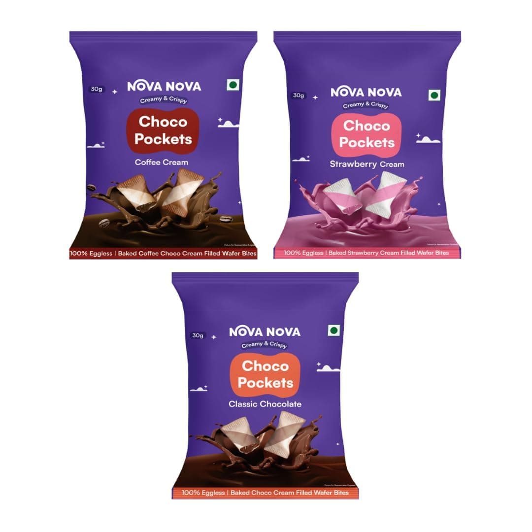 Nova Nova Choco Pockets | Assorted Chocolate, Strawberry & Coffee Cream Filled Wafers | 100% Eggless (90g)