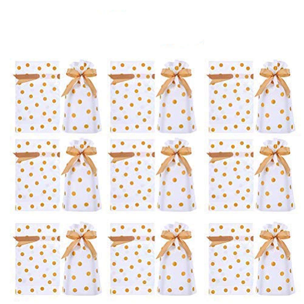 DINGJIN 50 Pack Gold Polka Dot Drawstring Candy Bags Plastic Favor Bag Drawstring Cookie Bags for Christmas Wedding Party Birthday Engagement Christmas Holiday Favor