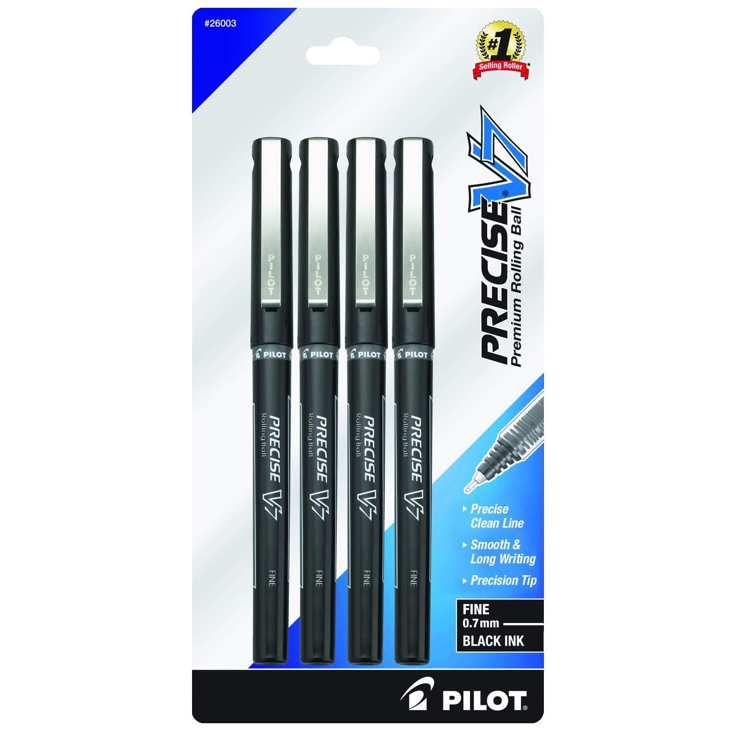 Pilot, Precise V7, Capped Liquid Ink Rollerball Pens, Fine Point 0.7 mm, Black Ink Pens, Pack of 4 - Ideal for School, Journaling & Office Writing