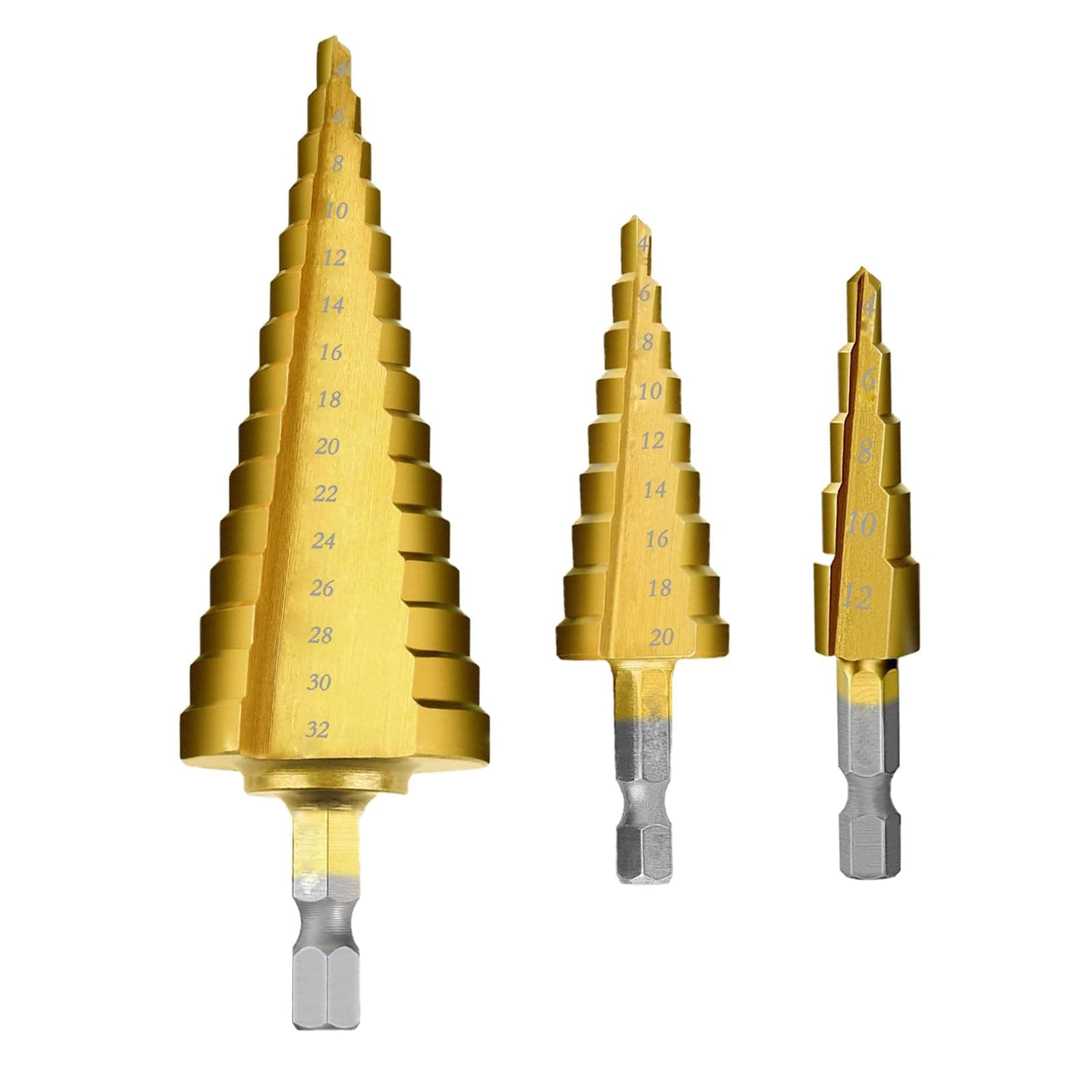 HSS Step Bits, 3 PCS High Speed Step Drill Bit Set 4-12mm 4-20mm 4-32 mm Steel Titanium Coated Cone Drill Bits Hole Cutter for Wood Stainless Steel Sheet Metal (Gold)