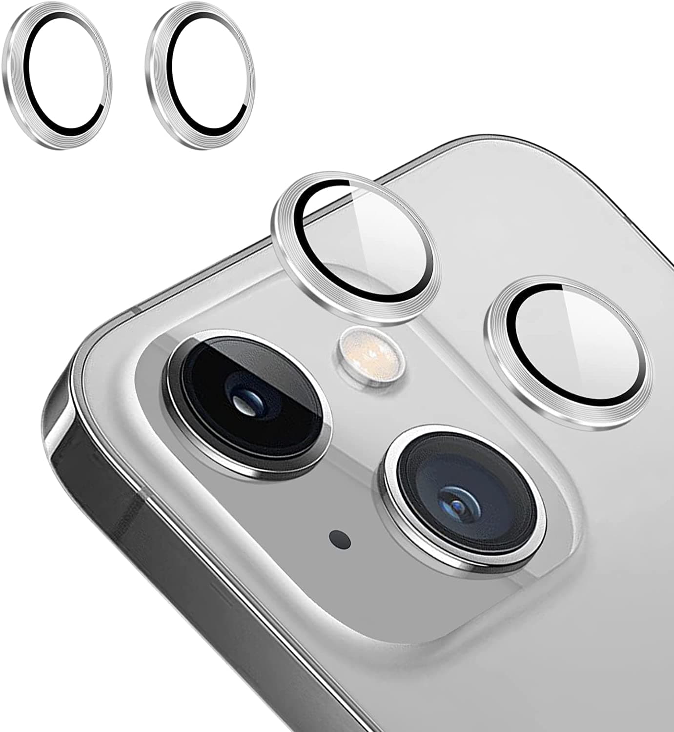 MAYABALLE® Camera Lens Protector Compatible For iPhone 15/iPhone 15 Plus,[Anti-Scratch] Premium Tempered Glass Film Aluminium Alloy Lens Ring Cover-Silver