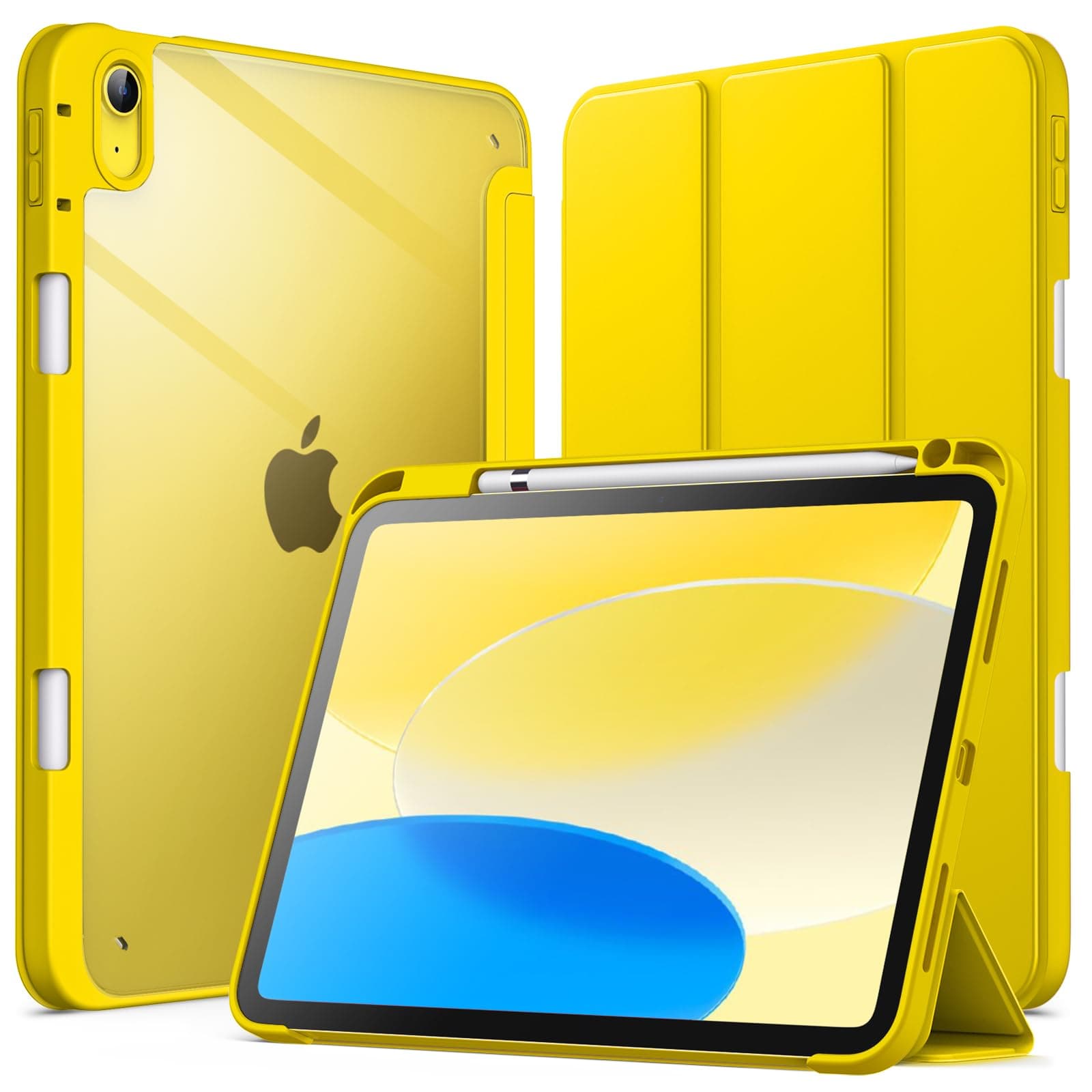 JETech Case for iPad (A16) 11th/10th Generation (2025/2022) with Pencil Holder, Clear Transparent Back Shell Slim Stand Shockproof Tablet Cover, Auto Wake/Sleep (Yellow)