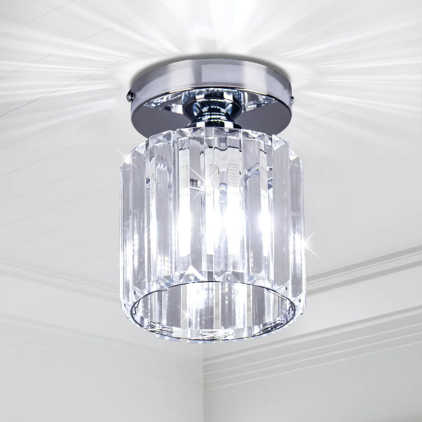 FRIXCHUR Small Chandelier Crystal Ceiling Light Semi Flush Mount Ceiling Lighting Fixture Modern Crystal Ceiling Light for Hallway Kitchen Island Dining Room Bedroom E26 Base Chrome