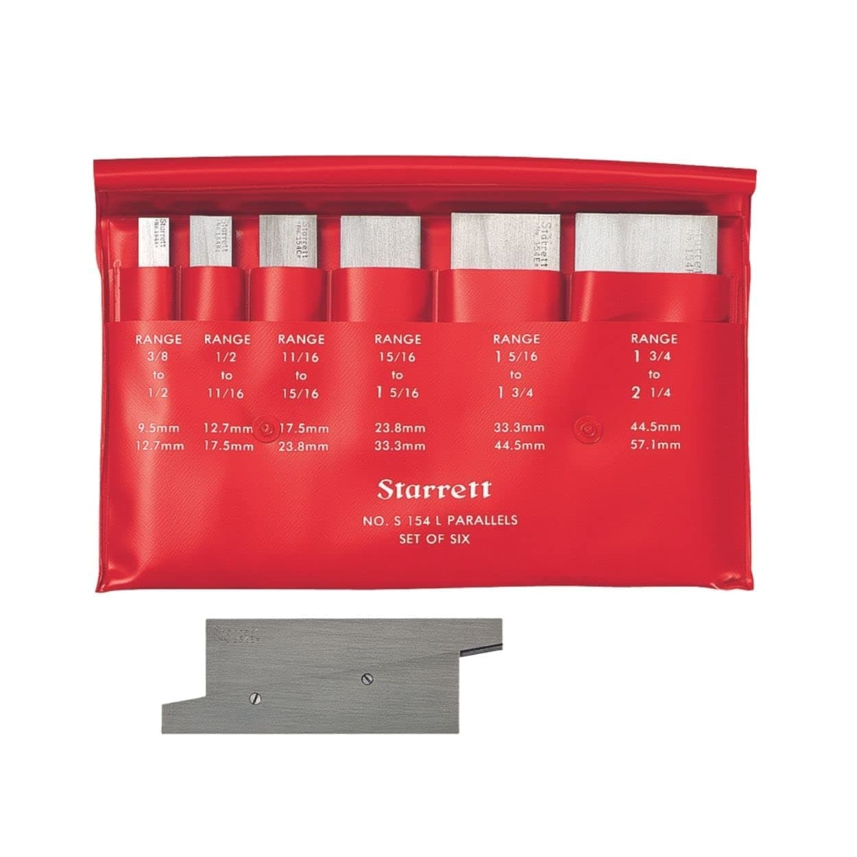 Starrett Adjustable Parallel Set for Layout, Gaging and Inspection Work - 1-3/4", 2-1/8", 2-11/16", 3-9/16" Length, 3/8" to 1-5/16" Range, 9/32" Thickness - S154LZ