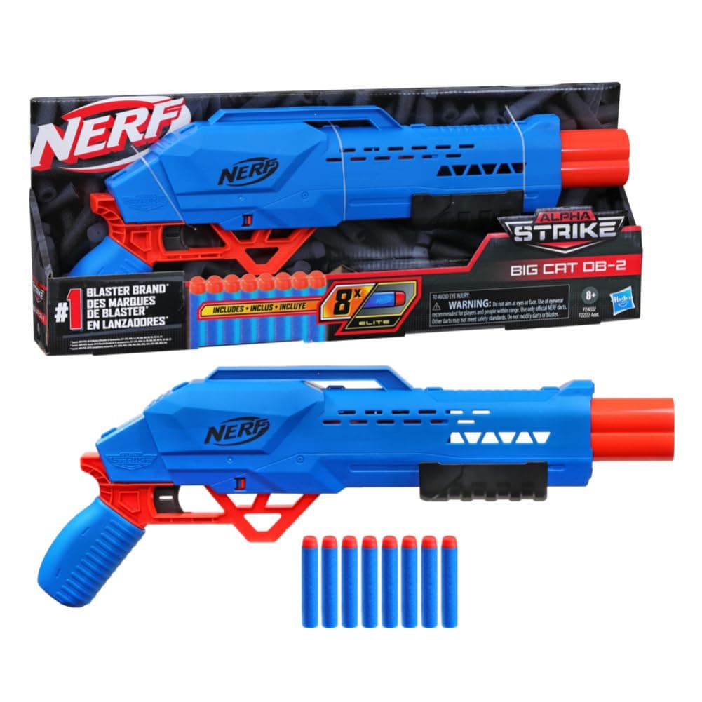 Alpha Strike Big Cat Db-2 Blaster,Double-Barrel Blasting, Fires 2 Darts in A Row,Includes 8 Official Nerf Elite Darts,Multicolor, Birthday Gift for Kids