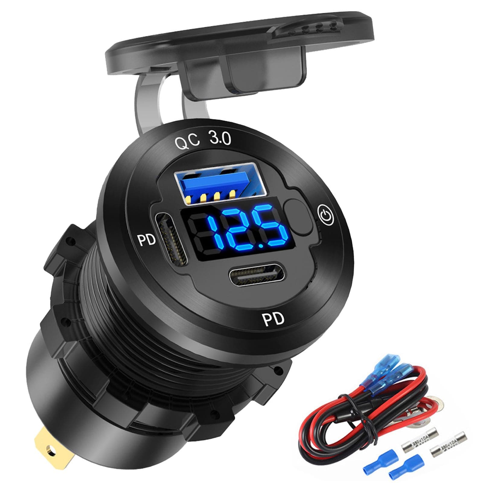 12V USB Car Socket Round USB C 12V Outlet, 3-Port Marine Fast Charger Waterproof Cigarette Outlet Replacement Aluminum with Switch & Voltmeter, Suitable for Boat Golf Cart RV Motorcycle Truck