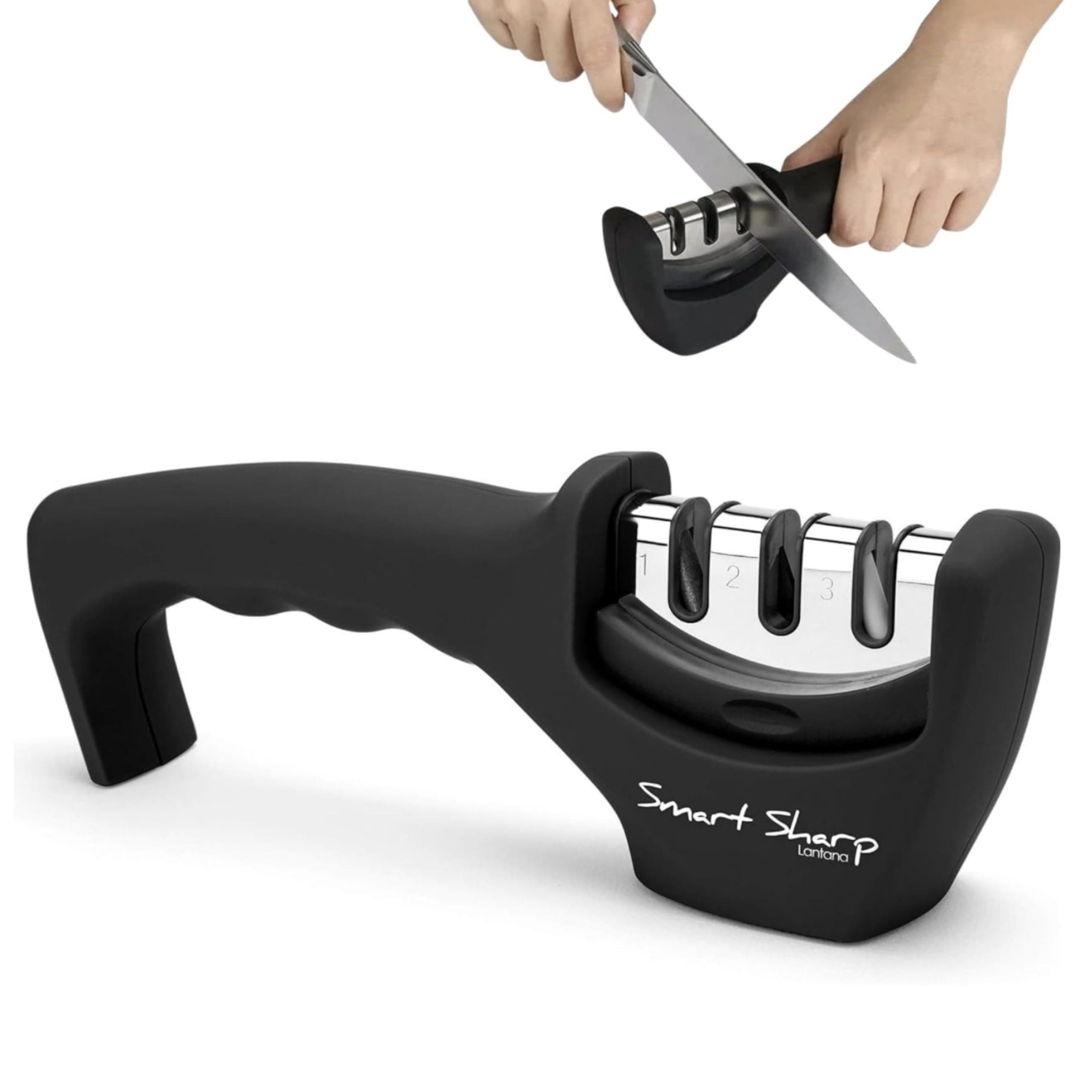 Knife Sharpener 'Smart Sharp' - Professional 3 Stage Manual Sharpener for Sharpening Kitchen Knives - Ceramic Stone, Tungsten Carbide Plates, Diamond rods. Ergonomic Design, Black/Chrome