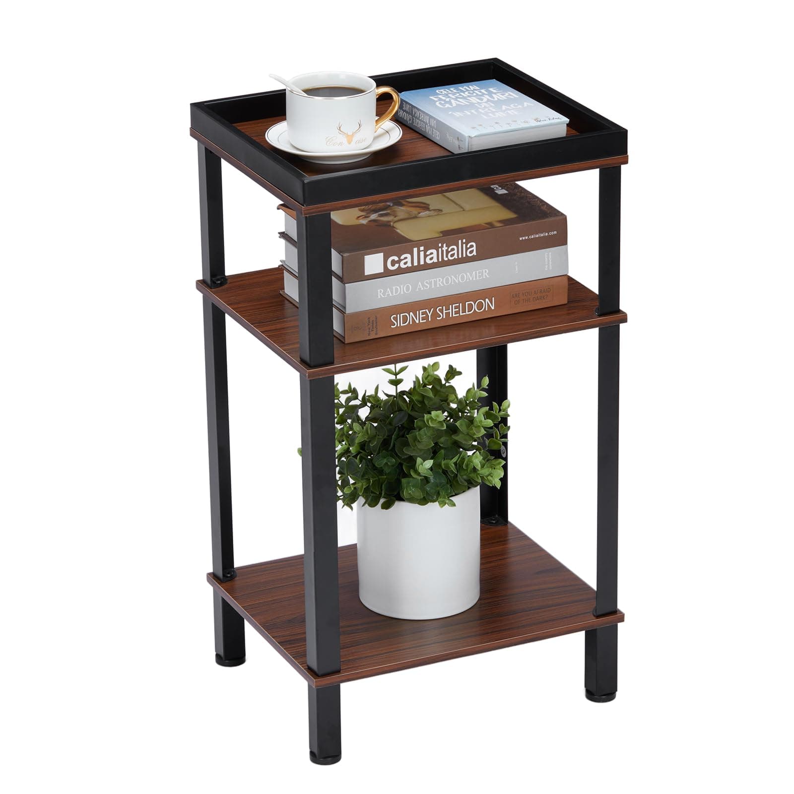 YEAKOO Side Table for Small Spaces,3 Tier End Table with Metal Tabletop Tray Storage Shelf, Small Narrow Thin End Table Bedside Table,Nightstand for Hallway,Living Room, Bedroom, Office/Cherry