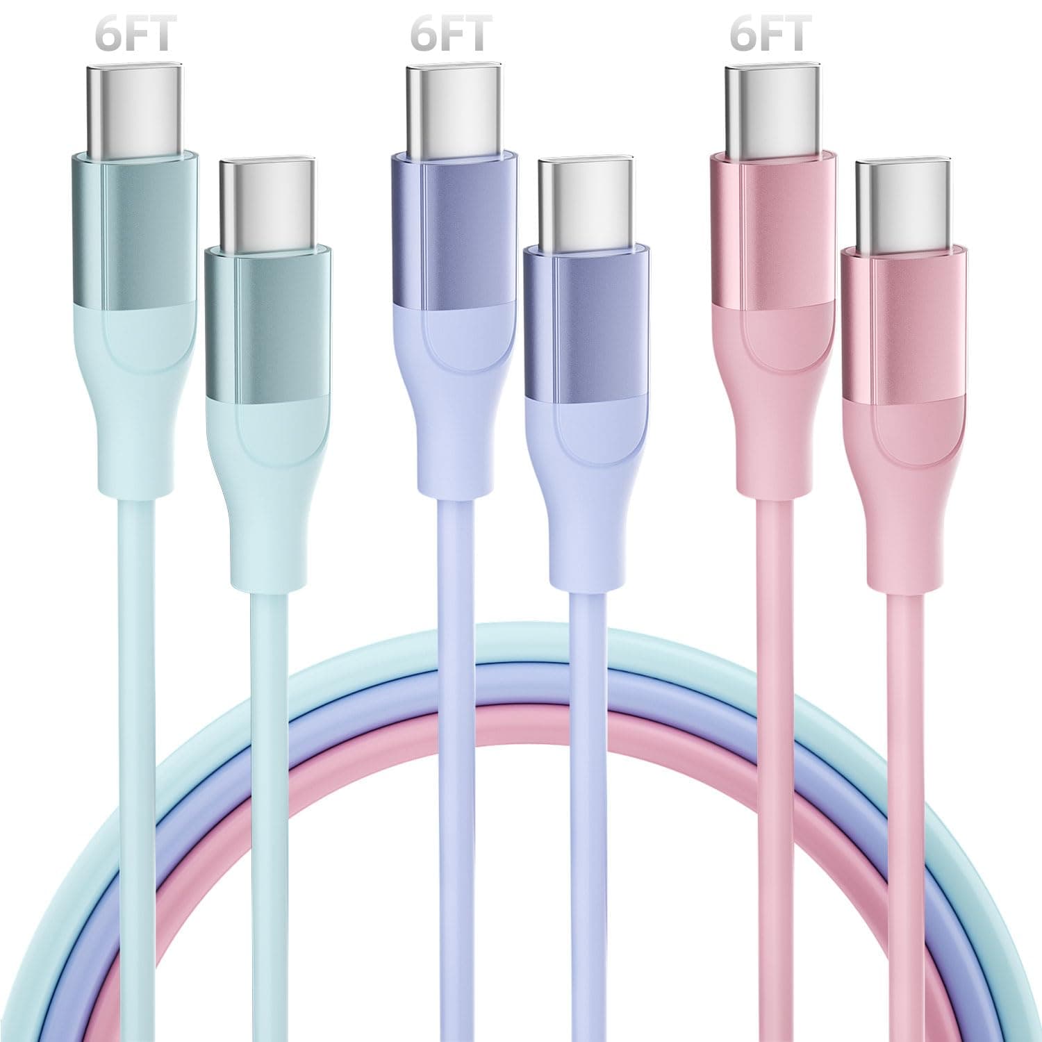 USB C Charger Cable 3 Pack 6FT 60W USB C to USB C Cable PD Type C Fast Charging Cord for iPhone 15 Pro Plus iPad MacBook Samsung Switch LG and More