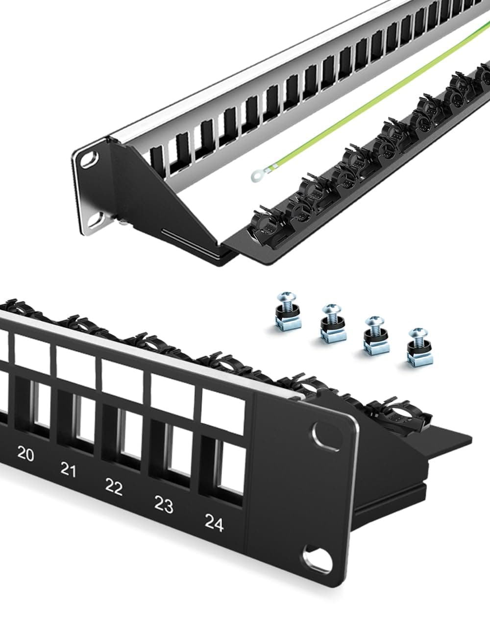 24-Port Blank Keystone Patch Panel for Rackmount Shielded 1U 19inch Network Patch Panel with Cable Support Bar