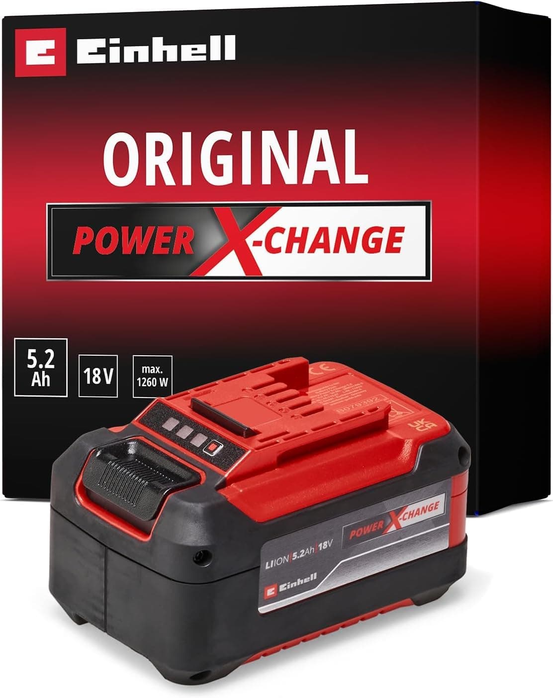 Einhell 18V 5.2Ah Plus Lithium-Ion Battery Power X-Change, 2nd Generation, Extra Power For Intensive Operation, Universally Compatible With All Einhell PXC Power Tools And Garden Machines