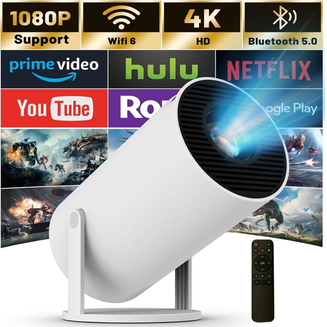 GTSOL Mini Projector 4k with WiFi 6 and Bluetooth,Android System 11.0,Remote control Built-In Speakers FULL HD 1080P, Vertical Correction, 180°Rotatable Outdoor Movie,Portable Projector for Phone