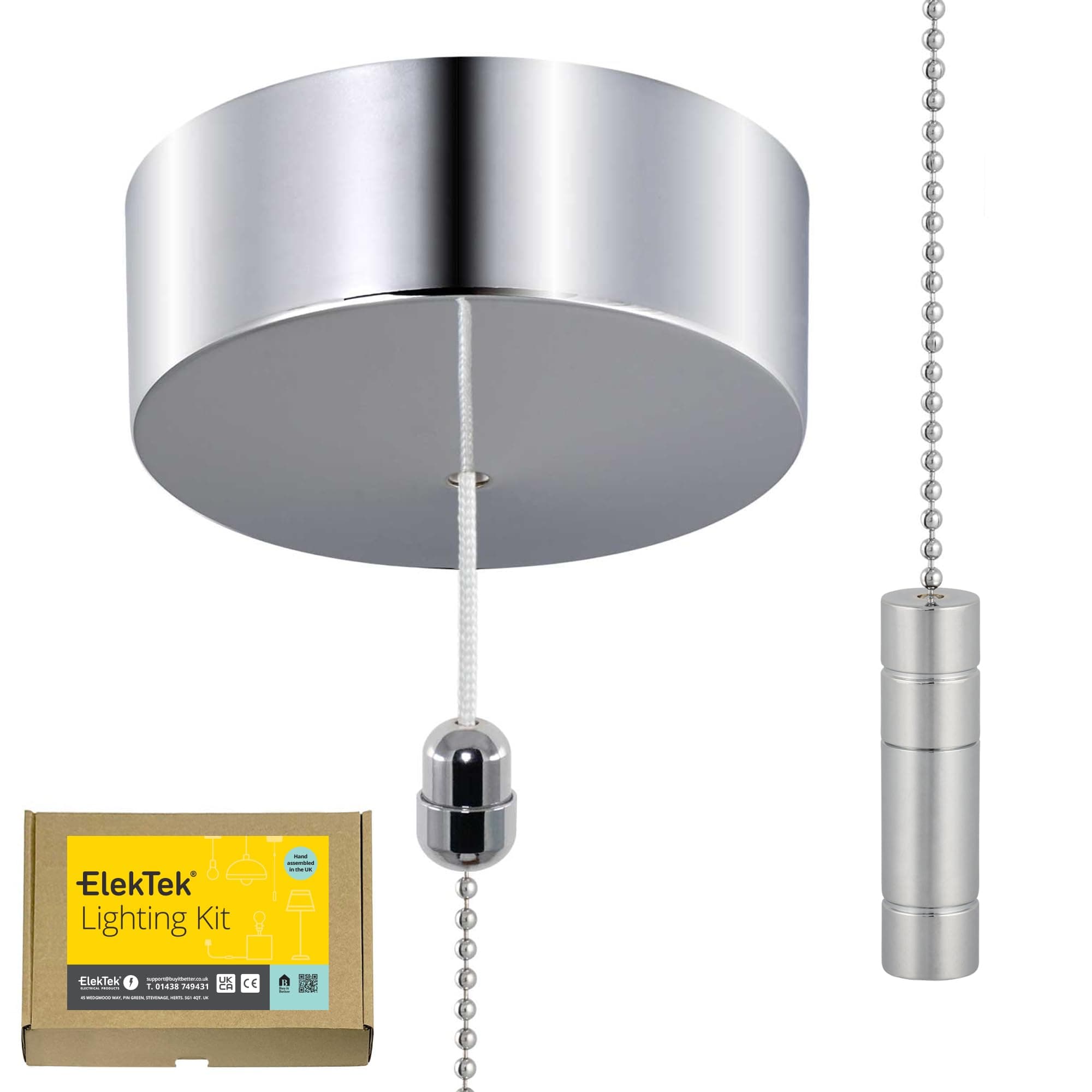 ElekTek UK Safety Approved Chrome Bathroom Light Pull Switch Kit + Chrome Cylinder Fob Handle & Extension Chain, EN 60669-1 & CE Mark, Earth Terminal, 6A 250V, 1 or 2 Way use, Full Wiring Instructions