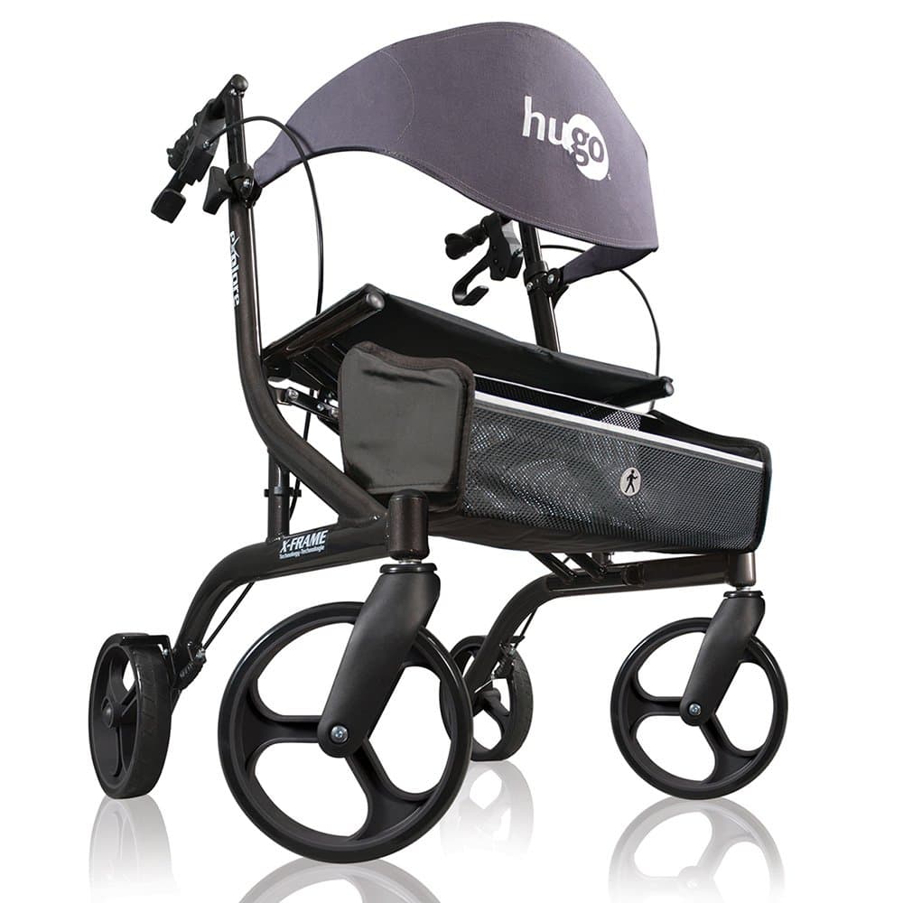 HugoMobility Explore Side-Fold Rollator Walker with Seat, Backrest and Folding Basket, Pearl Blk